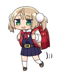 1girl aged_down backpack bag blonde_hair blue_dress blush bow bowtie child collared_shirt dress dress_shirt green_eyes hair_ornament indie_virtual_youtuber jitome kanikama kneehighs long_sleeves meme no_nose open_mouth pinafore_dress pom_pom_(clothes) pom_pom_hair_ornament randoseru red_bag red_bow red_bowtie shigure_ui_(vtuber) shigure_ui_(vtuber)_(young) shirt short_hair simple_background sleeveless sleeveless_dress slouching slouching_shigure_ui_(meme) smile socks solo twintails virtual_youtuber white_background white_shirt white_socks