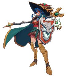 Rule 34 | 1girl, absurdres, armor, armored boots, bandaged arm, bandaged leg, bandages, blue hair, boots, breasts, brown skirt, cape, chain, commentary, commission, dang (runescape), duellist&#039;s cap (tier 6), english commentary, fingerless gloves, full body, gladiator, gloves, glowing hat, gold trim, greaves, green cape, green nails, hat, highres, lantern, leotard, long bangs, long hair, looking at viewer, medium breasts, old school runescape, orange eyes, original, poleyn, red leotard, runescape, second-party source, shield, skirt, solo, spiked ear piercing, staff of armadyl (runescape), standing, thick eyebrows, transparent background, unexistarts, weapon, yellow eyes
