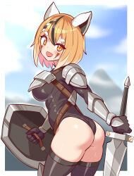 Rule 34 | 1girl, animal ears, armor, ass, black hair, blonde hair, breastplate, breasts, cougar (cougar1404), facial mark, fang, from behind, gloves, leotard, medium breasts, medium hair, multicolored hair, open mouth, orange eyes, original, shield, sideboob, smile, solo, sword, thick thighs, thighhighs, thighs, weapon, white hair