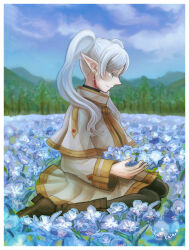 Rule 34 | blue flower, blue sky, cloud, cloudy sky, elf, field, flower, flower field, forest, frieren, from side, highres, katari, kneeling, long hair, nature, pine tree, pointy ears, sitting, sky, sousou no frieren, tree, twintails, white hair