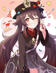 Rule 34 | 1girl, ;d, absurdres, birthday, black hat, black nails, black shirt, black shorts, boo tao (genshin impact), brown hair, commentary, cowboy shot, flower-shaped pupils, genshin impact, grin, hand up, hat, highres, hu tao (genshin impact), long hair, long sleeves, miz (mizillustration), nail polish, one eye closed, open mouth, polka dot, polka dot background, red eyes, shirt, shorts, smile, solo, symbol-shaped pupils, v, very long hair