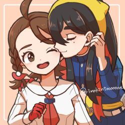 2girls ;d ahoge black_hair blue_jacket blue_pants braid brown_eyes brown_hair carmine_(pokemon) closed_eyes closed_mouth colored_inner_hair fanny_pack gloves hair_between_eyes hair_ornament hairband hairclip hand_on_another&#039;s_shoulder imokintoooooon jacket juliana_(pokemon) kiss kissing_cheek long_hair long_sleeves looking_at_another mole mole_under_eye multicolored_hair multiple_girls neckerchief nintendo one_eye_closed open_mouth pants partially_fingerless_gloves pokemon pokemon_sv red_gloves red_hair red_neckerchief shirt short_hair single_braid single_glove smile twitter_username two-tone_hair upper_body white_shirt yellow_hairband yuri