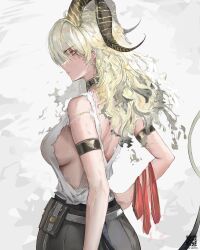 Rule 34 | 1girl, absurdres, arm strap, bare shoulders, black choker, black horns, black pants, black tail, blonde hair, breasts, choker, closed mouth, commentary, cowboy shot, curled horns, earrings, hand on own hip, hashtag-only commentary, highres, horns, jewelry, key earrings, large breasts, long hair, looking at viewer, necktie, necktie around wrists, no gloves, pants, profile, qr code, red eyes, red necktie, riuv187567, shirt, shirt tucked in, sideboob, solo, torn clothes, torn shirt, white shirt, wuthering waves, zani (wuthering waves)