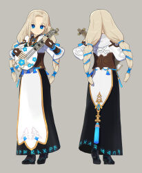 1girl 3d blonde_hair blony_(mabinogi) blue_eyes gloves highres holding instrument lute_(instrument) mabinogi robe simple_background smile toon_(style)