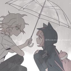 1boy 1girl :o animal_bag animal_ears black_jacket black_pants black_thighhighs brown_hair cat_bag danganronpa_(series) danganronpa_2:_goodbye_despair fake_animal_ears from_side grey_background grey_eyes grey_hair hood hood_up hooded_jacket jacket komaeda_nagito komanami_kawaii long_sleeves messy_hair nanami_chiaki no_jacket outdoors pants pink_bag pink_eyes profile rain short_sleeves spaceship_hair_ornament thighhighs