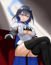 1girl absurdres black_gloves black_hair black_thighhighs blue_eyes blue_hair breasts chain chain_headband cloak clothing_cutout cloudrain_demon colored_inner_hair commentary crossed_legs detached_sleeves english_commentary enigmatic_recollection gloves grey_sleeves hair_intakes highres hololive hololive_english large_breasts looking_at_viewer multicolored_hair ouro_kronii ouro_kronii_(1st_costume) shirt sitting solo thighhighs underboob_cutout virtual_youtuber white_cloak white_shirt