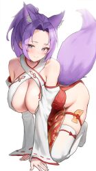 1girl absurdres all_fours animal_ear_fluff animal_ears armpit_crease bare_shoulders blue_eyes breasts cleavage closed_mouth commission criss-cross_halter detached_sleeves extra_ears forehead fox_ears fox_girl fox_tail gold_trim halterneck highres japanese_clothes large_breasts long_hair long_sleeves looking_at_viewer miko muhae_(dcnh8882) no_panties no_shoes ofuda ofuda_on_clothes original parted_bangs ponytail purple_hair red_skirt second-party_source shirt side_slit simple_background skindentation skirt sleeveless sleeveless_shirt smile solo tail thigh_strap thighhighs white_background white_shirt white_thighhighs
