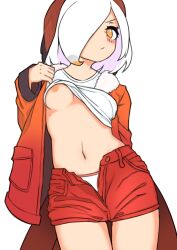 1girl bird_tail blush brahminy_kite_(kemono_friends)_(illu_(illu_stratos)) breasts brown_wings closed_mouth clothes_lift commentary_request cowboy_shot frown hair_over_one_eye head_wings highres illu_(illu_stratos) jacket kemono_friends lifting_own_clothes long_bangs looking_at_viewer navel nipples no_bra open_clothes open_fly open_jacket orange_jacket original panties red_shorts shirt shirt_lift short_hair shorts simple_background small_breasts solo tail underwear v-shaped_eyebrows white_background white_hair white_panties white_shirt wings yellow_eyes