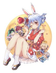 0_0 5girls ;) animal_ear_fluff animal_ear_legwear animal_ears black_bow black_footwear black_kimono blonde_hair blue_flower blue_hair blue_kimono blush bow braid breasts candy_apple chibi closed_mouth don-chan_(usada_pekora) double_bun flower food full_body green_hair grey_hair hair_bow hair_bun hair_flower hair_ornament hands_up head_tilt holding holding_food hololive houshou_marine houshou_marine_(new_year) japanese_clothes kimono mini_person minigirl multicolored_hair multiple_girls obi one_eye_closed ponytail purple_hair rabbit_ear_legwear rabbit_ears red_eyes red_hair red_kimono rento_(rukeai) rose sandals sash shiranui_flare shiranui_flare_(new_year) shirogane_noel shirogane_noel_(new_year) short_eyebrows short_sleeves small_breasts smile socks streaked_hair tasuki thick_eyebrows two-tone_hair uruha_rushia uruha_rushia_(new_year) usada_pekora usada_pekora_(new_year) virtual_youtuber white_background white_flower white_hair white_kimono white_legwear white_rose zouri