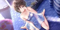Rule 34 | 1girl, barefoot, bedroom, between legs, blue camisole, blue reflection (series), blue reflection sun, breasts, brown hair, camisole, closed mouth, collarbone, dappled sunlight, dutch angle, from above, game cg, hair over one eye, hand between legs, hand up, head tilt, highres, indoors, kishida mel, kuno kirara, lingerie, looking at viewer, messy hair, non-web source, official art, on bed, pillow, purple eyes, rubbing eyes, short hair, sitting, small breasts, solo, spaghetti strap, strap slip, sunlight, tearing up, totem, underwear, wariza