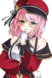 1girl aqua_eyes charlotte_(genshin_impact) collarbone commentary detached_sleeves genshin_impact gloves hand_on_own_chin hat hat_feather highres looking_at_viewer medium_hair midori_(midori13579) monocle newsboy_cap parted_lips pink_hair red_hat red_sleeves semi-rimless_eyewear shirt simple_background sleeveless sleeveless_shirt smile solo suspenders under-rim_eyewear upper_body white_background white_gloves white_shirt