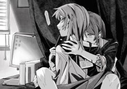 Rule 34 | ..., 2girls, arm tattoo, bang dream!, bang dream! it&#039;s mygo!!!!!, between legs, chihaya anon, chinese commentary, commentary request, commission, greyscale, hand on another&#039;s shoulder, highres, id card, indoors, jacket, lanserongjie, long hair, looking at another, looking at viewer, looking back, monitor, monochrome, multiple girls, nagasaki soyo, off shoulder, second-party source, spoken ellipsis, tattoo, tears, yuri