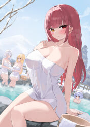 4girls arm_support blush breasts collarbone heterochromia highres hololive hololive_fantasy houshou_marine large_breasts long_hair looking_at_viewer multiple_girls naked_towel onsen oritonagi outdoors red_eyes red_hair shiranui_flare shirogane_noel sitting thighs towel usada_pekora virtual_youtuber yellow_eyes