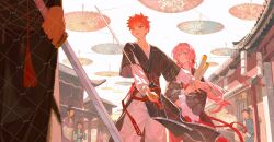 1girl 2boys blush bow breasts building cloud cloudy_sky couple cross cross_print day duel emiya_shirou faceoff fate/stay_night fate_(series) frilled_umbrella frills hair_ornament halo haori highres holding holding_sheath holding_sword holding_weapon japanese_clothes katana kimono long_hair long_sleeves momomiya_shizuku_(gaoyue_jixiang) multicolored_hair multiple_boys oc_x_canon oil-paper_umbrella open_mouth orange_hair original outdoors parasol pastels pink_eyes pink_hair pink_halo pink_umbrella plaid_clothes print_ribbon red_hair ribbon samurai scabbard seasons sheath sheathed sky sunlight sword tumbadama umbrella unsheathing vs weapon