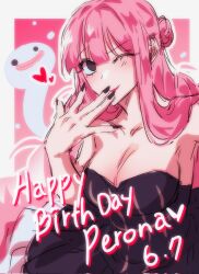bare_shoulders birthday black_dress black_nails blunt_bangs breasts cleavage collarbone dress ghost highres horo_horo_no_mi lipstick long_hair looking_at_viewer makeup nyookkig official_alternate_costume official_alternate_hairstyle one_eye_closed one_piece perona pink_hair sleeveless sleeveless_dress smile wink