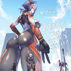 Rule 34 | 4girls, absurdres, artist name, ass, black bodysuit, blue sky, bodysuit, breasts, building, city, cloud, colossus (natsukaze shigure), from behind, from below, giant, giantess, gixer 250 (natsukaze shigure), green eyes, grey hair, hexagon print, highres, hydrasia (natsukaze shigure), impossible bodysuit, impossible clothes, large breasts, long hair, looking at viewer, looking back, m004 (natsukaze shigure), mechanical tail, milestone celebration, multiple girls, natsukaze shigure, original, outdoors, purple hair, red eyes, short hair, signature, skin tight, sky, smile, solo focus, tail, thank you, twintails, v, variant set