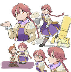 apocalypse_hotel ascot braid brown_eyes dress flycatcher_robot highres jacket low_twin_braids multicolored_scarf multiple_views pink_hair purple_ascot purple_scarf robot scarf sleeve_cuffs striped_clothes striped_scarf surprised tsubobot twin_braids twintails yachiyo_(apocalypse_hotel) yellow_jacket