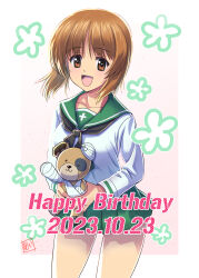 1girl absurdres artist_name birthday black_neckerchief blouse boko_(girls_und_panzer) brown_eyes brown_hair commentary_request cowboy_shot dated english_text girls_und_panzer green_skirt happy_birthday highres holding holding_stuffed_toy long_sleeves looking_at_viewer miniskirt neckerchief nishizumi_miho ooarai_school_uniform open_mouth partial_commentary pleated_skirt sailor_collar school_uniform serafuku shirt short_hair signature skirt smile standing stuffed_animal stuffed_toy t_k teddy_bear white_sailor_collar white_shirt