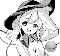 Rule 34 | 1girl, buttons, collared shirt, commentary request, diamond button, eyeball, frilled shirt collar, frilled sleeves, frills, greyscale, hat, heart, heart-shaped pupils, heart of string, highres, komeiji koishi, long sleeves, looking at viewer, meimei (meimei89008309), monochrome, open mouth, shirt, smile, solo, symbol-shaped pupils, third eye, touhou, wide sleeves