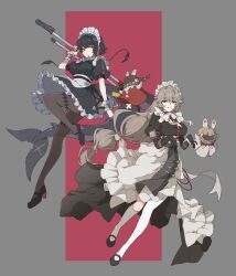 2girls absurdres alexandrina_sebastiane anastella_(zenless_zone_zero) apron black_dress black_hair breasts brown_hair brown_pantyhose dress drusilla_(zenless_zone_zero) ellen_joe full_body grey_background grin highres large_breasts long_hair maid maid_apron maid_headdress multiple_girls pantyhose papajay_(jennygin2) red_eyes short_hair smile standing teeth very_long_hair zenless_zone_zero