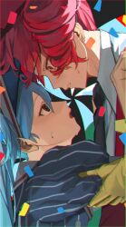 Rule 34 | 2girls, @ @, alternate costume, androgynous, black background, black necktie, blue background, blue dress, blue hair, blue hat, collared shirt, confetti, distortion, dress, drill hair, eye contact, gloves, hat, hatsune miku, head back, head down, highres, holding another&#039;s arm, kasane teto, long hair, looking at another, looking down, looking up, mesmerizer (vocaloid), multiple girls, necktie, open mouth, parted lips, pinstripe dress, pinstripe pattern, red eyes, red hat, rope6688, shirt, striped clothes, striped shirt, sweat, twin drills, upper body, utau, vocaloid, white background, wing collar, yellow gloves