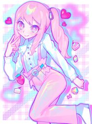 Rule 34 | 1boy, akiyama mizuki, belt, closed mouth, hair between eyes, heart, highres, iro (mywife sunny), long hair, long sleeves, looking at viewer, pants, pink belt, pink eyes, pink hair, pink pants, ponytail, project sekai, shirt, shirt tucked in, side ponytail, smile, solo, standing, standing on one leg, suspenders, trap, v, white shirt
