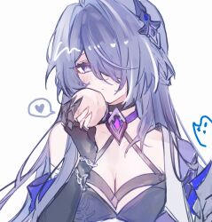 1girl acheron_(honkai:_star_rail) black_gloves breasts cleavage closed_mouth commentary crop_top food fruit gloves hair_over_one_eye heart highres holding holding_food holding_fruit honkai:_star_rail honkai_(series) large_breasts long_hair miss_itata partially_fingerless_gloves peach purple_eyes purple_hair single_bare_shoulder spoken_heart upper_body white_background