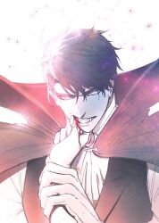 1boy black_hair black_vest bleeding blood blood_drip blood_on_mouth blood_on_teeth cloak fang glowing glowing_eyes grabbing_another&#039;s_chin grin hand_on_another&#039;s_chin hand_on_another&#039;s_waist highres light_particles looking_at_viewer omniscient_reader&#039;s_viewpoint popped_collar pov pov_hands raya_(000_unseen) red_cloak shirt short_hair smile teeth vampire vampire_costume vest viewer_self-insert white_shirt wiping_blood yellow_eyes yoo_joonghyuk