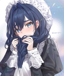 Rule 34 | 1girl, apron, black dress, blue eyes, blue hair, braid, character name, dress, hair intakes, hansum, hat, hololive, hololive english, light blush, long hair, low twin braids, maid apron, mob cap, official alternate hairstyle, ouro kronii, ouro kronii (maid), solo, twin braids, virtual youtuber, white apron