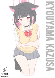 1girl absurdres alternate_costume animal_ears arms_under_breasts black_choker black_hair black_socks blue_archive blunt_bangs blunt_ends blush bob_cut bow bowtie breasts bright_pupils cat_choker cat_ears cat_girl character_name choker closed_mouth collared_shirt colored_inner_animal_ears colored_inner_hair commentary english_commentary extra_ears eyelashes full_body grey_skirt hair_behind_ear hair_intakes halo highres kazusa_(blue_archive) kneehighs kneeling looking_at_viewer medium_breasts miniskirt multicolored_hair no_shoes pink_hair pink_halo pleated_skirt realen red_bow red_bowtie red_eyes school_uniform shirt short_hair short_sleeves signature simple_background skirt smile socks solo split_mouth straight_hair sweater_vest thighs twitter_username two-tone_hair white_background white_shirt yellow_sweater_vest