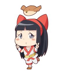 Rule 34 | 1girl, ainu clothes, black hair, chibi, double v, fingerless gloves, gloves, grey eyes, hair ribbon, legs, long hair, looking at viewer, mamahaha, nakoruru, pants, ribbon, samurai spirits, smile, snk, the king of fighters, the king of fighters xv, thighs, v