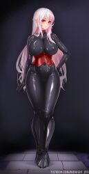 Rule 34 | 1girl, bodysuit, breasts, corset, covered erect nipples, covered navel, dress, facial tattoo, highres, hobble dress, hobble skirt, impossible clothes, impossible dress, lactation, large breasts, latex, latex bodysuit, latex dress, long dress, long hair, mermaid dress, midnight (banyex), original, pink hair, pointy ears, red corset, red eyes, shiny clothes, skin tight, slit pupils, smile, solo, tattoo, taut clothes, taut dress, tight clothes, tight dress