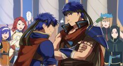 Rule 34 | 2girls, 4boys, ahoge, animal ears, armor, black hair, blue eyes, blue hair, cape, cat boy, cat ears, closed eyes, commentary request, crossed arms, dual persona, facial mark, fire emblem, fire emblem: path of radiance, fire emblem: radiant dawn, fire emblem heroes, forehead mark, green headband, hairband, headband, headdress, highres, ike (fire emblem), lightning glare, long hair, male focus, mia (fire emblem), mimummom, multiple boys, multiple girls, nintendo, pauldrons, purple hair, ranulf (fire emblem), red hair, short hair, shoulder armor, single pauldron, soren (fire emblem), titania (fire emblem), translated
