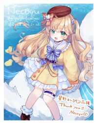 Rule 34 | 1girl, absurdres, animal, beret, bird, blonde hair, blue ribbon, character request, commission, dress, duck, frilled dress, frills, green eyes, hair ribbon, hat, highres, hoshino ahiru, long hair, looking at viewer, necoyu (yuyudomino), open mouth, ribbon, shoes, signature, sitting, sitting on animal, skeb commission, solo, thigh strap, very long hair, water, yellow dress