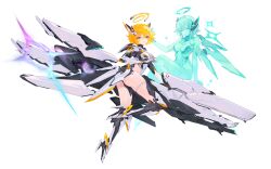 absurdres android android_twin_nifty blonde_hair cyberpunk guardian_tales halo highres hologram looking_at_viewer mechanical_arms mechanical_halo mechanical_legs metal_skin official_art one_eye_closed robot robot_ears robot_girl tagme thighs weapon yellow_halo