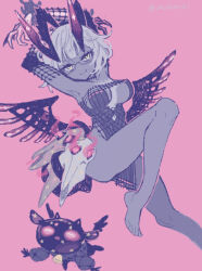 1girl baphomet_(fate) bare_legs barefoot breasts colored_skin creature dress fate/grand_order fate_(series) grey_hair grey_skin highres horns jacques_de_molay_(foreigner)_(third_ascension)_(fate) large_breasts looking_at_viewer oimo_(14sainobba) short_dress short_hair smile wings yellow_eyes
