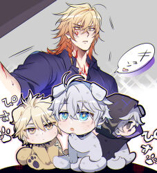 Rule 34 | 4boys, alternate costume, alternate form, animal ears, antenna hair, black choker, black cloak, black shirt, blonde hair, blue eyes, braid, chest tattoo, choker, cloak, collared shirt, commentary request, cracked skin, dog boy, dog ears, dog tail, facial tattoo, flame reaver of the deepest dark, gradient hair, hair between eyes, highres, honkai: star rail, honkai (series), hood, hood up, hooded cloak, medium hair, multicolored hair, multiple boys, multiple persona, mydei (honkai: star rail), parted bangs, phainon (honkai: star rail), phainon (khaslana) (honkai: star rail), red hair, red tattoo, shirt, short hair, side braid, tail, tamattama66, tattoo, translation request, white hair, yellow eyes