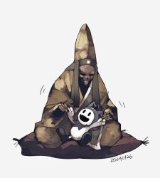 :d blue_footwear blue_hat cushion daisoujou_(megami_tensei) dated demon_(megami_tensei) eien12m fangs grey_background hat highres jack_frost_(megami_tensei) japanese_clothes kimono long_sleeves monk open_mouth shin_megami_tensei shoe_soles shoes simple_background skeleton smile twitter_username wide_sleeves yellow_hat yellow_kimono zabuton |_|