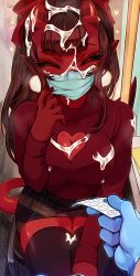 1girl black_hair black_thighhighs blue_gloves blunt_bangs bow breasts bukkake cleavage cleavage_cutout closed_eyes clothing_cutout colored_skin cum cum_on_body cum_on_breasts cum_on_clothes cum_on_mask cum_on_upper_body demon_girl demon_horns demon_tail earrings facial gloves hair_between_horns hair_bow heart_cutout highres horns indoors jewelry latex latex_gloves long_hair long_sleeves looking_at_viewer mask mask_around_neck medium_breasts meruccubus_(merunyaa) merunyaa mole mole_under_eye mouth_mask oni oni_horns original plaid_clothes plaid_skirt pointy_ears pov pov_hands red_horns red_oni red_skin red_skirt red_sweater red_tail sitting skirt solo subway surgical_mask sweater tail thighhighs zettai_ryouiki