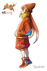 1girl beanie buizel gen_4_pokemon hair_ornament hairclip hands_in_pockets hat highres jacket long_hair long_sleeves looking_at_viewer nintendo orange_jacket orange_shoes orange_shorts personification pokemon reference_inset shoes shorts signature simple_background tamtamdi translated white_background