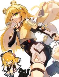 1girl animal_ear_fluff animal_ears black_cat black_gloves black_shorts bow cat chibi elbow_gloves finger_to_mouth fingerless_gloves gloves green_eyes high-waist_shorts highres jacket ju_fufu nandaka_0103 one_eye_closed orange_fur shorts shushing smile striped_fur tail tail_bow tail_ornament thigh_strap tiger_ears tiger_girl tiger_stripes tiger_tail yellow_jacket zenless_zone_zero