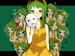 1girl angry bad_id bad_pixiv_id blush glasses green_eyes green_hair gumi juu_mensou_(vocaloid) katagiri_(mighty_swing) md5_mismatch multiple_persona one_eye_closed short_hair smile tears tongue vocaloid wink