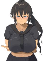 Rule 34 | 1girl, amidori, between breasts, black hair, blush, breasts, crossed arms, dark-skinned female, dark skin, green eyes, homura (senran kagura), large breasts, long hair, looking at viewer, necktie, necktie between breasts, ponytail, school uniform, senran kagura, short sleeves, skirt