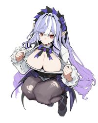 1girl absurdres ascot black_pantyhose bow bowtie breasts center_frills cleavage drill_hair drill_ponytail frills gem hairband highres hodo100s large_breasts long_hair mole mole_under_eye open_clothes opened_by_self pantyhose pointy_ears purple_ascot purple_bow purple_bowtie purple_gemstone purple_hair purple_hairband red_eyes shrug_(clothing) torn_clothes torn_pantyhose vivian_banshee white_background white_shrug zenless_zone_zero
