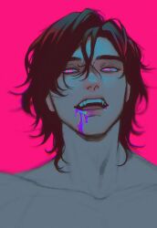 1boy 23i2ko blood blood_from_mouth blood_on_face blurry_edges bright_pupils brown_hair curtained_hair hair_between_eyes highres looking_at_viewer male_focus medium_hair no_shirt open_mouth original pink_background pink_eyes purple_blood simple_background solo upper_body wavy_hair white_pupils