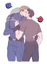 2boys anger_vein artist_name avengers_(series) back belt black_belt black_gloves black_pants blonde_hair blue_bodysuit blush bodysuit brown_hair captain_america closed_eyes commentary_request covered_collarbone cowboy_shot fingerless_gloves gloves grey_shirt hand_around_waist hand_up heart highres holding_another&#039;s_wrist kiss male_focus marvel marvel_cinematic_universe mcnn0000 multiple_boys pants pocket shield shield_on_back shirt short_hair short_sleeves simple_background spoken_anger_vein spoken_heart standing steve_rogers striped_bodysuit superhero_costume t-shirt tony_stark white_background yaoi