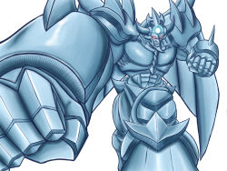 Rule 34 | artist request, clenched hand, clenched teeth, duel monster, glowing, glowing eyes, grin, highres, large pectorals, looking at viewer, muscular, obelisk the tormentor, outdoors, pectorals, punching, red background, red eyes, smile, solo, teeth, wings, yu-gi-oh!