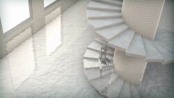 backrooms_(creepypasta) black_hair eyepatch guyca_braves highres kure_kirika long_coat magical_girl mahou_shoujo_madoka_magica mahou_shoujo_oriko_magica medium_hair pillar reflection reflective_water spiral_staircase stairs tile_wall tiles water window