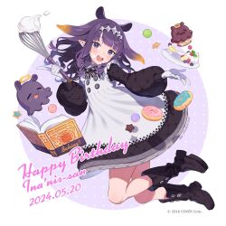 1girl :d ao-chan_(ninomae_ina&#039;nis) apron black_boots black_dress blue_eyes blunt_bangs book boots bow bowtie commentary_request cookie copyright_notice cream cream_on_face curly_hair dated donut dress food food_on_face frilled_apron frills full_body gloves gradient_hair hair_flaps happy_birthday highres holding holding_whisk hololive hololive_english knee_boots long_hair long_sleeves looking_at_viewer mole mole_under_eye multicolored_hair ninomae_ina&#039;nis ninomae_ina&#039;nis_(pastry_chef) official_alternate_costume official_alternate_hairstyle official_art open_book open_mouth orange_hair pointy_ears poo_(donkan_gokko) puffy_long_sleeves puffy_sleeves purple_hair short_dress sidelocks simple_background smile solo takodachi_(ninomae_ina&#039;nis) tentacle_hair virtual_youtuber whisk white_apron white_gloves