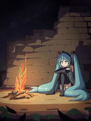 1girl absurdly_long_hair aqua_eyes aqua_hair aqua_necktie artist_logo bonfire_(dark_souls) brick_wall campfire commentary dark_souls_(series) dated detached_sleeves digiral english_commentary fire grey_shirt hatsune_miku headphones headset highres knees_to_chest logo long_hair necktie night night_sky number_tattoo outdoors ruins shirt sky smile solo spring_onion star_(sky) starry_sky tattoo twintails very_long_hair vocaloid